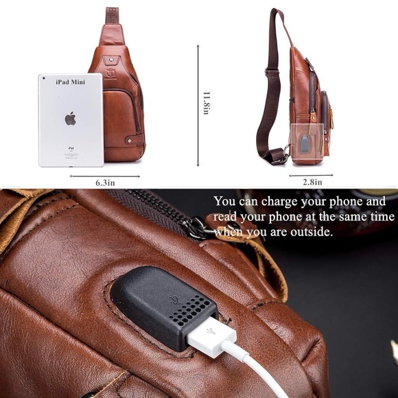 BULLCAPTAIN Genuine Leather Sling Bag with USB Charging Port - Picture 9 of 16